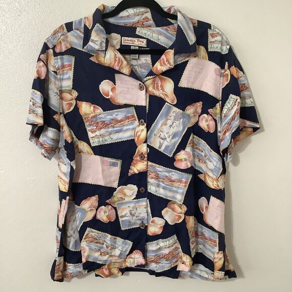 Jamaica Bay Vintage Navy Seashell Postcard Coastal Tropical Hawaiian Shirt 1X - Picture 1 of 12